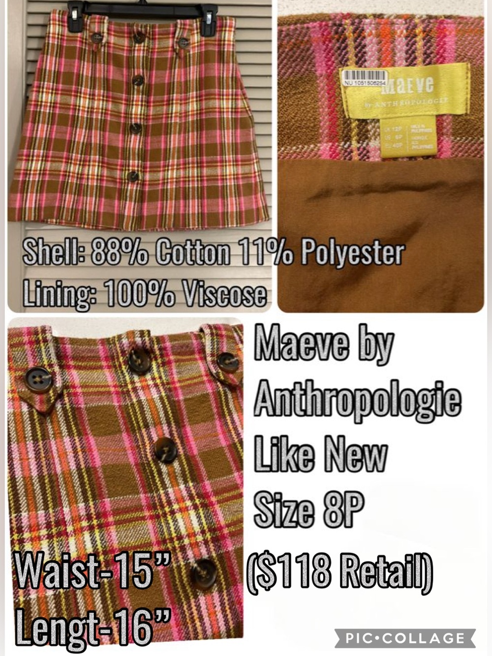 Maeve Plaid Button-Front Mini Skirt in Pink and Brown